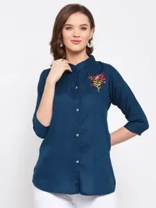 KALINI Floral Mandarin Collar Placement Print Shirt Style Top