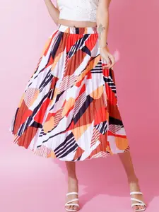 OTABU Floral Printed Knee Length Flared A-Line Midi Skirt