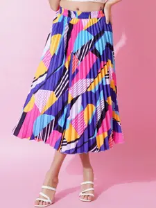 OTABU Abstract Printed Knee Length Flared A-Line Midi Skirt