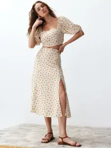 Trendyol Polka Dot Printed Square Neck Puff Sleeves Top & Skirt Co-Ords