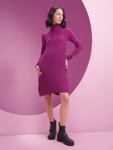 DressBerry Acrylic High Neck Geometric Self Design Sweater Dress