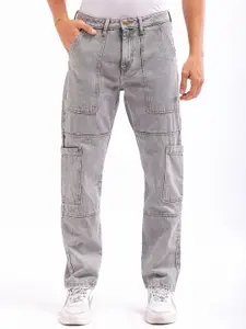 The Indian Garage Co Men Dad Fit Mid-Rise Clean Look Heavy Fade Cargo Style Cotton Jeans