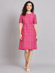 PowerSutra Geometric Printed Round Neck Cotton A-Line Dress