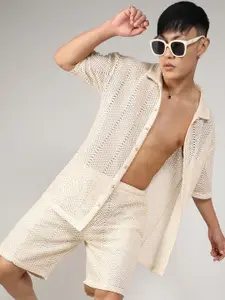 Campus Sutra White Short Sleeves Pure Cotton Crochet Shirt & Short