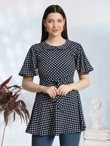 TOOCHKI Polka Dot Printed Flared Sleeve Cinched Waist Longline Top