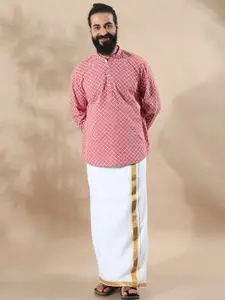 FILORI STUDIO Men Geometric Printed Mandarin Collar Thread Work Straight Cotton Kurta