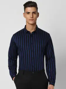 V Dot Slim Fit Striped Spread Collar Long Sleeves Cotton Party Shirt