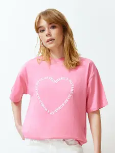 Trendyol Women Typography Printed Round Neck Oversized T-shirt