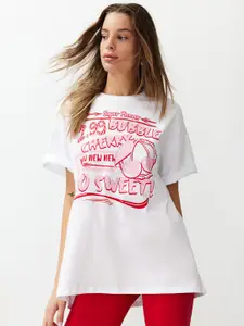 Trendyol Typography Printed Drop-Shoulder Sleeves Pure Cotton T-shirt