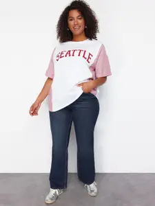 Trendyol Plus Size Typography Printed Round Neck Cotton Regular T-shirt