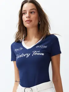 Trendyol Typography Printed V-Neck Cotton Regular T-shirt