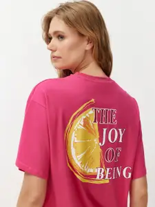 Trendyol Typography Printed Drop-Shoulder Sleeves Pure Cotton Casual T-shirt