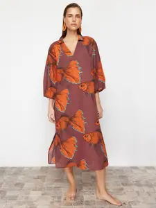 Trendyol Floral Printed Flared Sleeve Cotton A-Line Midi Dress