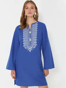 Trendyol Women Tie-Up Neck Flared Sleeve Pure Cotton A-Line Dress