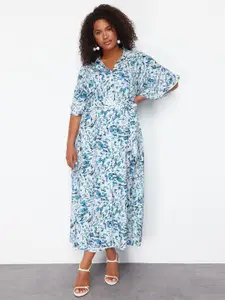 Trendyol Plus Size Abstract Printed Shirt Collar Shirt Maxi Dress