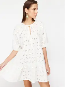 Trendyol Floral Print Tie-Up Neck Cotton A-Line Mini Dress