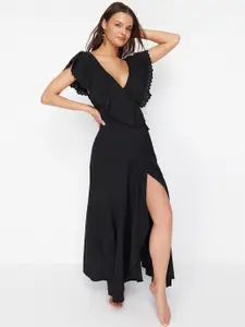 Trendyol Lace Inserted V Neck Flutter Sleeve Wrap Maxi Dress
