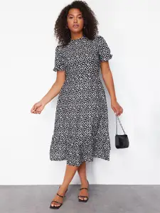 Trendyol Abstract Printed Puff Sleeves Gathered Midi Fit & Flare Dress
