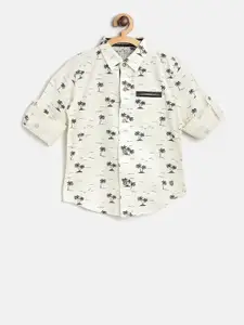 Palm Tree Boys Off-White & Black Regular Fit Printed Casual Shirt