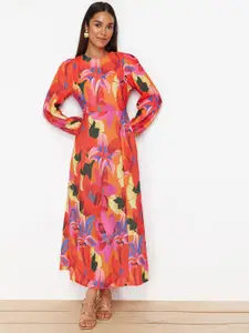Trendyol Round Neck Long Puff Sleeves Abstract Print Maxi Dress