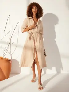 Trendyol Women Shirt Collar Linen Wrap Midi Dress