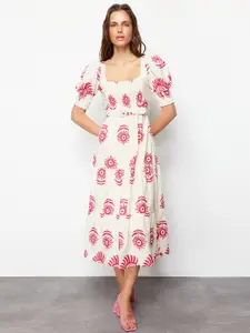 Trendyol Floral Printed Square Neck Puff Sleeves A-Line Midi Dress