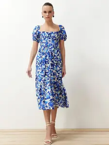 Trendyol Floral Printed Square Neck Puff Sleeves Fit & Flare Midi Dress