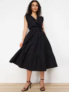 Trendyol V Neck Flutter Sleeves Cotton Wrap Midi Dress