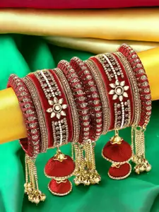Anouk Set Of 10 Velvet & Silk Thread Kundan Studded Bangles