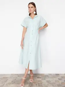 Trendyol Shirt Collar Extended Sleeves Cotton Shirt Midi Dress
