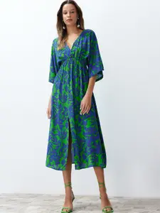 Trendyol V Neck Floral Print Flared Sleeve Fit & Flare Midi Dress