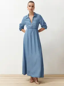 Trendyol Shirt Collar Long Puff Sleeves Cotton Maxi Dress