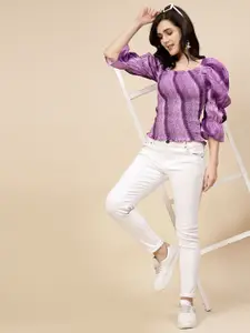 Sangria Printed Smocked Puff Sleeves Top