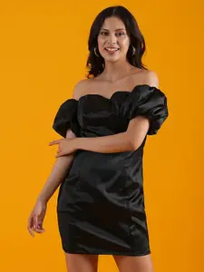 Globus Black Off-Shoulder Puff Sleeves Satin Bodycon Dress