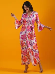 Globus Pink Floral Print Bell Sleeves Front Slit A-Line Maxi Dress With Belt