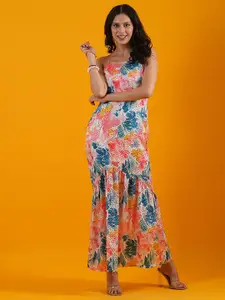 Globus Blue & Orange Floral Print Square Neck Satin Maxi Dress
