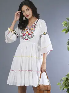 Globus Floral Embroidered Yoke Flared Sleeves Gathered Tiered Fit & Flare Fusion Dress