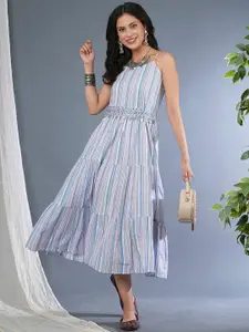 Globus Strappy Shoulder Stripes Smocked Fusion A-Line Midi Dress With Embroidered Belt
