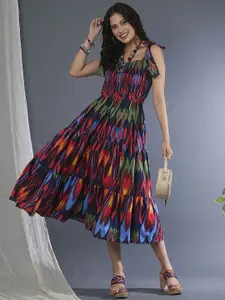 Globus Tie-Up Straps Square Neck Bohemian Print Smocked Fit & Flare Fusion Midi Dress