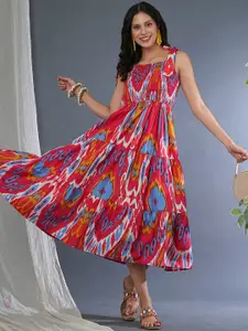 Globus Tie-Up Straps Square Neck Bohemian Print Smocked Fit & Flare Fusion Midi Dress