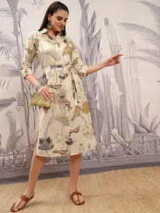 Vishudh Beige & Grey Floral Printed Roll-Up Sleeves Cotton Shirt Midi Dress