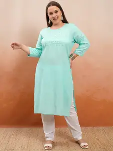 Vishudh Plus Size Blue Floral Yoke Design Thread Work Straight Kurta