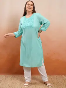 Vishudh Women Plus size Blue Ethnic Motifs Yoke Design Thread Work Straight Kurta