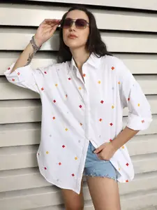 High Star Oversized Fit Spread Collar Cotton Embroidered Casual Shirt