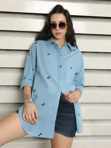 High Star Oversized Fit Spread Collar Cotton Embroidered Casual Shirt