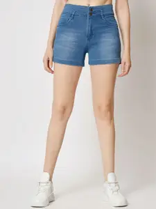 FASHIONFIBRE Women Washed High-Rise Denim Shorts
