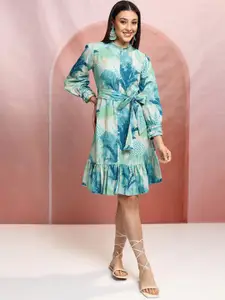 Vishudh Blue Floral Printed Round Neck Puff Sleeves A-Line Dress