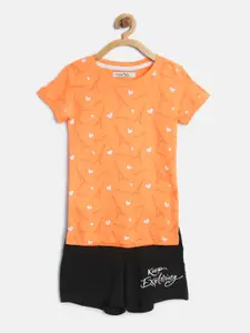 Palm Tree Girls Orange & Black Printed T-shirt with Shorts