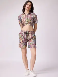 KALINI Floral Printed Crepe Cotton Shirt & Shorts Co-Ords Set
