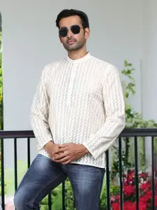 FILORI STUDIO  Geometric Woven Design Mandarin Collar Chikankari Straight Short Kurta